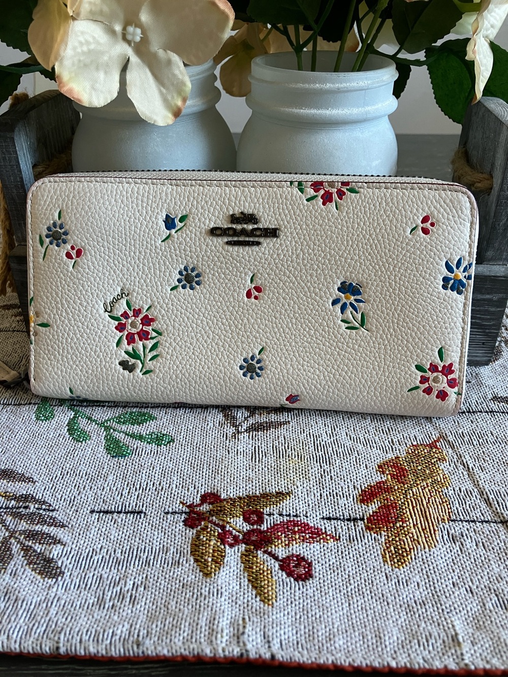 Coach Cream Zip Wallet with Multicolor Floral Print